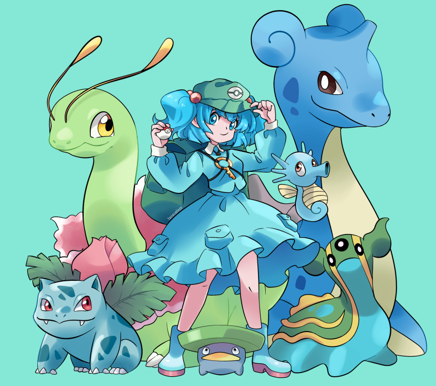 1girl arms_up artist_name backpack bag bangs blue_eyes blue_skirt boots bulbasaur closed_mouth collared_shirt crossover frilled_skirt frills gastrodon gastrodon_(east) hair_bobbles hair_ornament hand_on_headwear highres holding holding_poke_ball horsea isosceless ivysaur kawashiro_nitori key lapras legs_apart looking_to_the_side lotad medium_hair medium_skirt meganium official_style pocket poke_ball pokemon shirt short_twintails skirt skirt_set smile touhou twintails