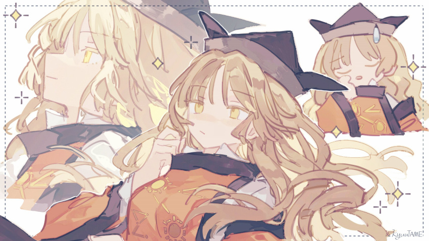 1girl :/ bangs black_headwear blonde_hair blush closed_eyes commentary constellation_print eyebrows_visible_through_hair from_side hat highres kyuutame long_hair long_sleeves looking_away matara_okina multiple_views open_mouth shirt signature solo sparkle sweatdrop tabard touhou white_shirt yellow_eyes