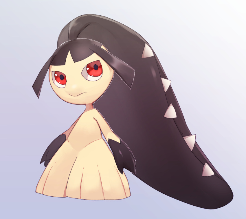 1other arms_at_sides bangs black_hair black_skin blue_background blunt_bangs closed_mouth colored_skin commentary_request enden_(pixiv_57969220) extra_mouth full_body gradient gradient_background highres long_hair looking_up mawile multicolored_skin other_focus pokemon pokemon_(creature) red_eyes sharp_teeth simple_background standing teeth two-tone_skin yellow_skin