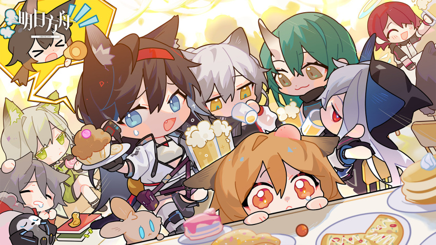 alcohol amiya_(arknights) arknights beer blaze_(arknights) blue_hair cake ceobe_(arknights) exusiai_(arknights) food green_eyes grey_hair highres hoshiguma_(arknights) kal'tsit_(arknights) projekt_red_(arknights) red_eyes redhead schwarz_(arknights) skadi_(arknights) toon_(style) wanwan_huo_de_hao_beishang