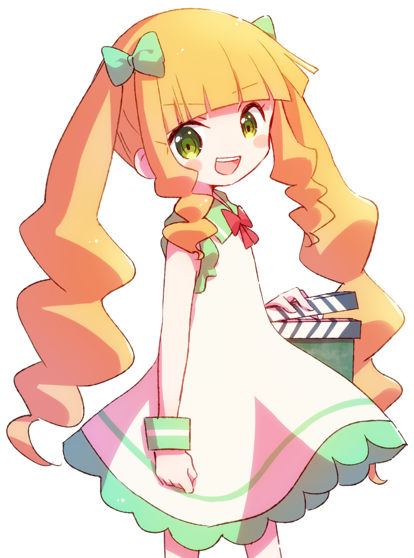 1girl absurdres blonde_hair blush bow clapperboard clenched_hand dress eiga_daisuki_pompo-san green_bow green_eyes hair_bow highres joelle_pomponett nyaa_(nnekoron) sidelocks simple_background sleeveless sleeveless_dress solo standing twintails white_background white_dress wristband