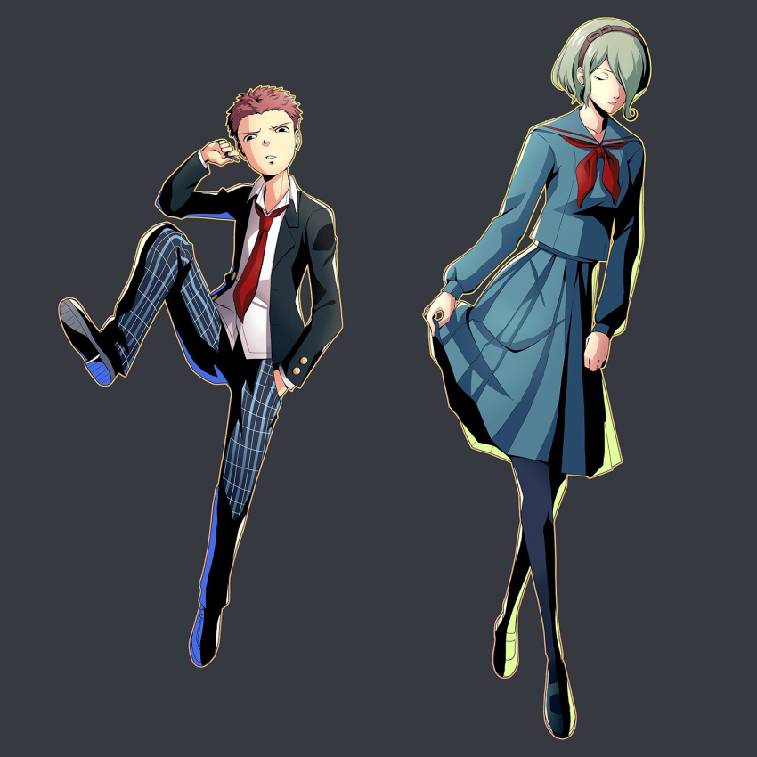 1boy 1girl bangs black_footwear black_hairband black_jacket black_legwear black_shirt black_skirt blonde_hair blue_pants brown_hair cheer_(cheerkitty14) collarbone collared_shirt danganronpa_(series) danganronpa_v3:_killing_harmony grey_background grey_shirt hair_over_one_eye hairband highres hoshi_ryouma jacket long_sleeves neckerchief necktie official_alternate_costume one_eye_closed open_clothes open_jacket pants pantyhose parody parted_lips plaid plaid_pants red_neckerchief red_necktie shiny shiny_hair shirt short_hair simple_background skirt style_parody teeth toujou_kirumi