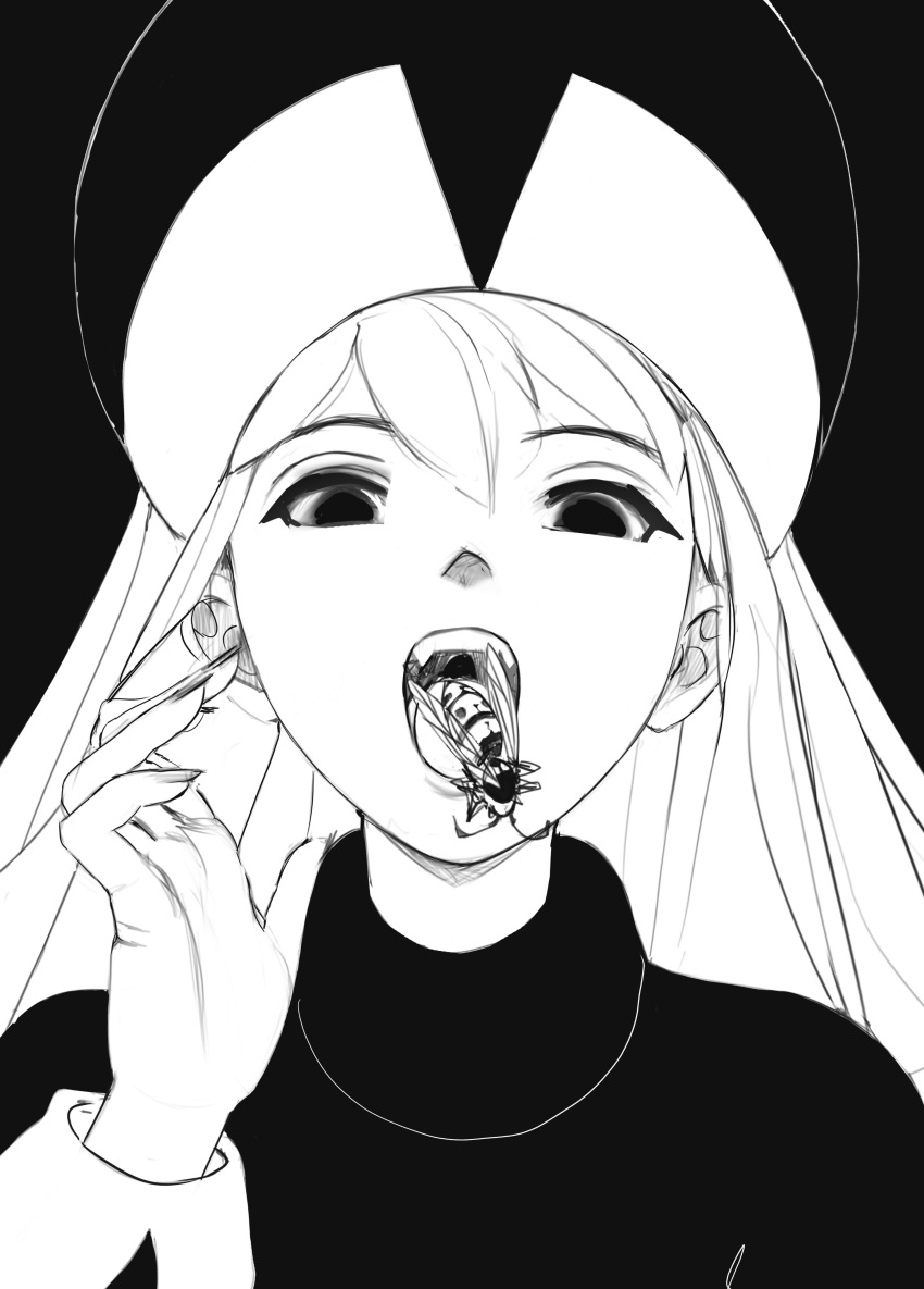 1girl absurdres bug english_commentary fingernails greyscale hair_between_eyes hat highres hunter_x_hunter kisatsuki long_fingernails long_hair looking_at_viewer monochrome open_mouth ponzu portrait sketch solo turtleneck wasp