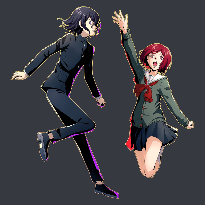 1boy 1girl arm_up bangs black_footwear black_jacket black_pants black_skirt bow bowtie buttons cheer_(cheerkitty14) danganronpa_(series) danganronpa_v3:_killing_harmony grey_background highres jacket kneehighs long_sleeves miniskirt official_alternate_costume open_mouth ouma_kokichi pants parody parted_lips pleated_skirt red_bow red_bowtie red_eyes redhead sailor_collar shoes simple_background skirt smile style_parody teeth yumeno_himiko