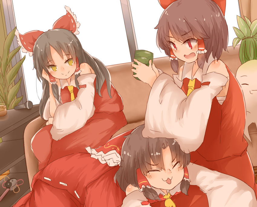 3girls :3 bangs benikurage_(cookie) black_hair blush bow brown_hair closed_eyes closed_mouth commentary_request cookie_(touhou) couch cup detached_sleeves dress eyebrows_visible_through_hair feet_out_of_frame frilled_bow frilled_hair_tubes frills hair_bow hair_tubes hakurei_reimu highres holding holding_cup long_hair looking_at_another microphone multiple_girls necktie open_mouth red_bow red_dress red_eyes red_shirt red_skirt reu_(cookie) reu_daikon sananana_(cookie) shirt short_hair skirt sleeveless sleeveless_dress sleeveless_shirt smile split_mouth touhou white_sleeves yellow_eyes yellow_necktie yin_yang yumekamaborosh yunomi