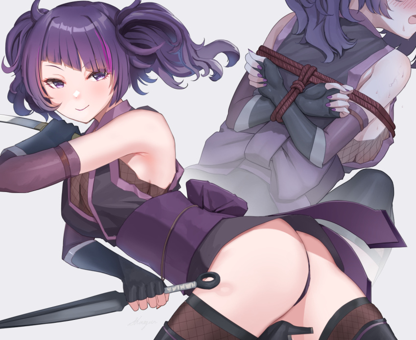 1girl armpits ass bangs bdsm blush bondage bound breasts cut_bangs detached_sleeves fingernails idolmaster idolmaster_shiny_colors knife multicolored_hair ninja open_mouth purple_hair purple_nails sash short_sword shougun_(chuckni1) sideboob simple_background small_breasts smile streaked_hair sweat sword tanaka_mamimi throwing_knife twintails weapon white_background