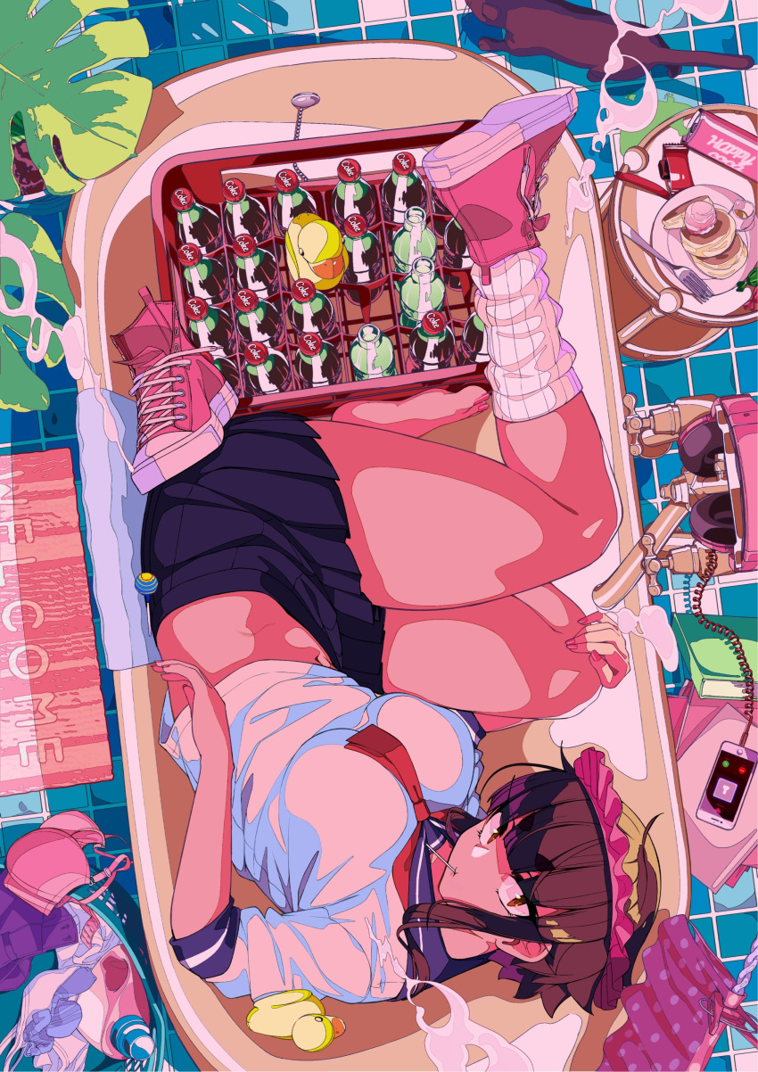1girl absurdres bangs barefoot bathtub black_cat blue_skirt blunt_bangs book book_stack bottle bra breasts brown_eyes brown_hair cake can candy cat cellphone chupa_chups clothes_pin colored_skin detergent doormat empty_bathtub flat_color food from_above from_behind full_body headphones headphones_removed highres jovejun large_breasts laundry laundry_basket lollipop looking_at_viewer loose_socks lying midriff miniskirt mouth_hold nail_polish navel neckerchief on_side original pancake phone pink_bra pink_footwear pink_nails pink_skin plant pleated_skirt red_eyes rubber_duck school_uniform serafuku shampoo_hat shirt shoes shoes_removed short_hair sidelocks single_shoe single_sock skirt smartphone sneakers socks soda_bottle soda_can solo souffle_pancake thighs tile_floor tiles toenail_polish toenails underwear white_shirt wrapped_candy