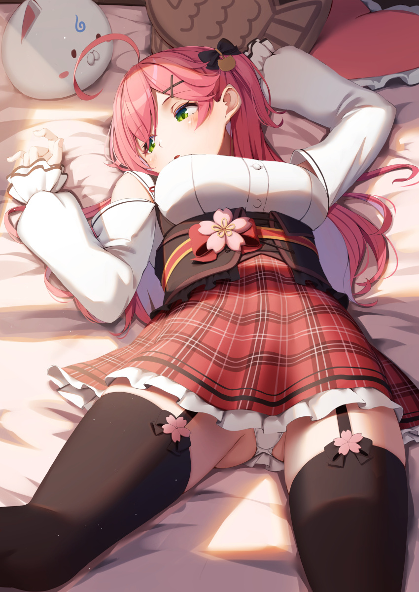 1girl 35p_(sakura_miko) absurdres ahoge arm_up bangs black_legwear blush bow breasts corset eyebrows_visible_through_hair garter_straps green_eyes hair_bow hair_ornament hand_up heart heart_pillow highres hololive large_breasts long_hair long_sleeves looking_away lying nyan_(reinyan_007) on_back on_bed one_side_up panties pantyshot parted_lips pillow pink_hair plaid plaid_skirt red_skirt sakura_miko shirt skirt solo stuffed_animal stuffed_cat stuffed_toy thigh-highs underwear virtual_youtuber white_panties white_shirt x_hair_ornament