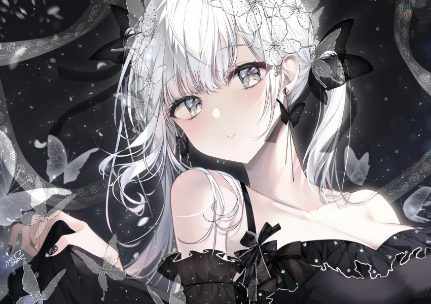 1girl bangs bare_shoulders black_dress black_nails blunt_bangs braid breasts bug butterfly collarbone dress earrings frilled_dress frills grey_eyes hair_ornament highres jewelry long_hair looking_away original parted_lips solo taya_oco white_butterfly white_hair