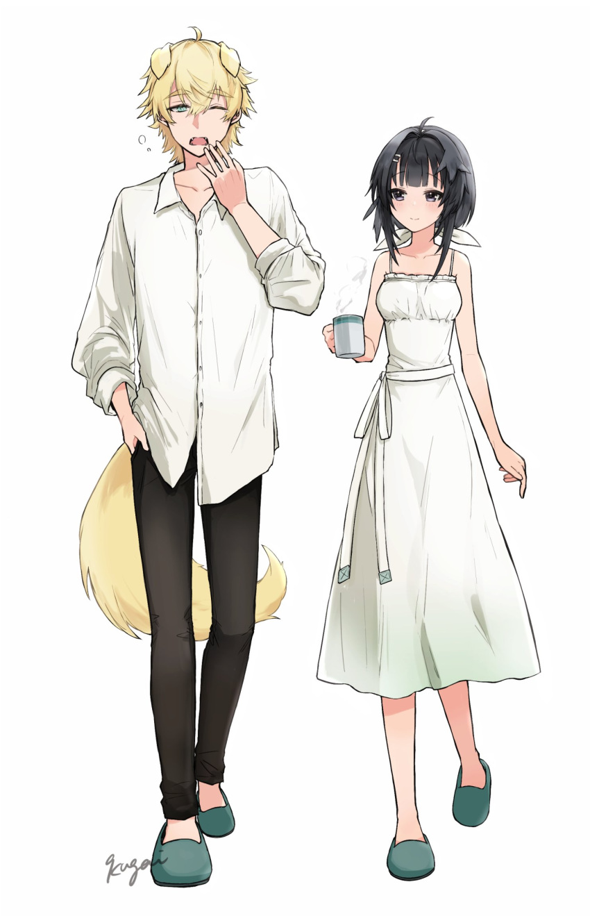 1boy 1girl 9kugai ahoge animal_ears arknights bangs bare_arms bare_shoulders black_eyes black_hair black_pants blonde_hair blue_eyes blunt_bangs blush closed_mouth coffee_mug collarbone collared_shirt cup dog_boy dog_ears dog_tail dress eyebrows_visible_through_hair feather_hair full_body green_footwear hair_ornament hairclip hand_up height_difference highres holding holding_cup la_pluma_(arknights) long_sleeves looking_at_another looking_at_viewer looking_to_the_side mug one_eye_closed pants shirt short_hair signature simple_background sleeveless sleeveless_dress slippers smile steam tail tequila_(arknights) walking white_background white_dress white_shirt yawning