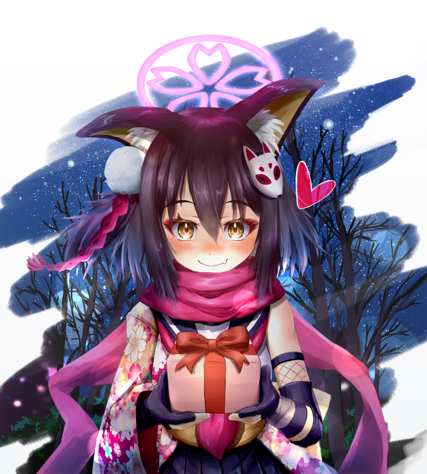 1girl absurdres animal_ear_fluff animal_ears bangs black_gloves black_hair black_skirt blue_archive blush box brown_eyes c: carrying commentary_request eyebrows_visible_through_hair eyeshadow fingerless_gloves fishnets fox_ears fox_girl fox_hair_ornament gift gift_box giving gloves hadanugi_dousa hair_between_eyes halo heart highres izuna_(blue_archive) long_hair looking_at_viewer makeup one_side_up pleated_skirt red_scarf rope scarf school_uniform serafuku shimenawa sidelocks skirt sleeveless smile solo tomonx tree