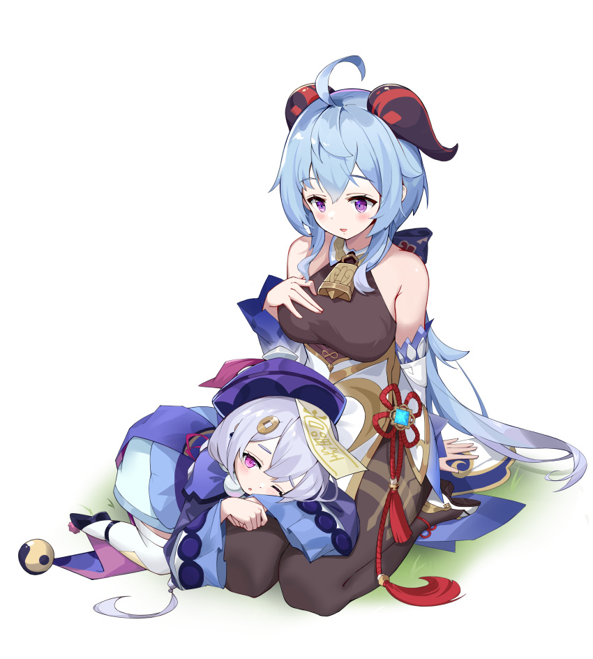 2girls absurdres ahoge bangs bare_shoulders bell black_legwear blue_hair blush breasts chinese_knot coin_hair_ornament detached_sleeves eyebrows_visible_through_hair flower_knot ganyu_(genshin_impact) genshin_impact gold_trim hand_on_own_chest hat highres horns long_hair looking_at_another lying lying_on_lap medium_breasts multiple_girls neck_bell no_gloves on_side pink_hair qiqi_(genshin_impact) red_rope rope sidelocks sitting smile talisman tassel thighlet thighs tyrant_(dream-bmj) violet_eyes vision_(genshin_impact) white_background white_sleeves