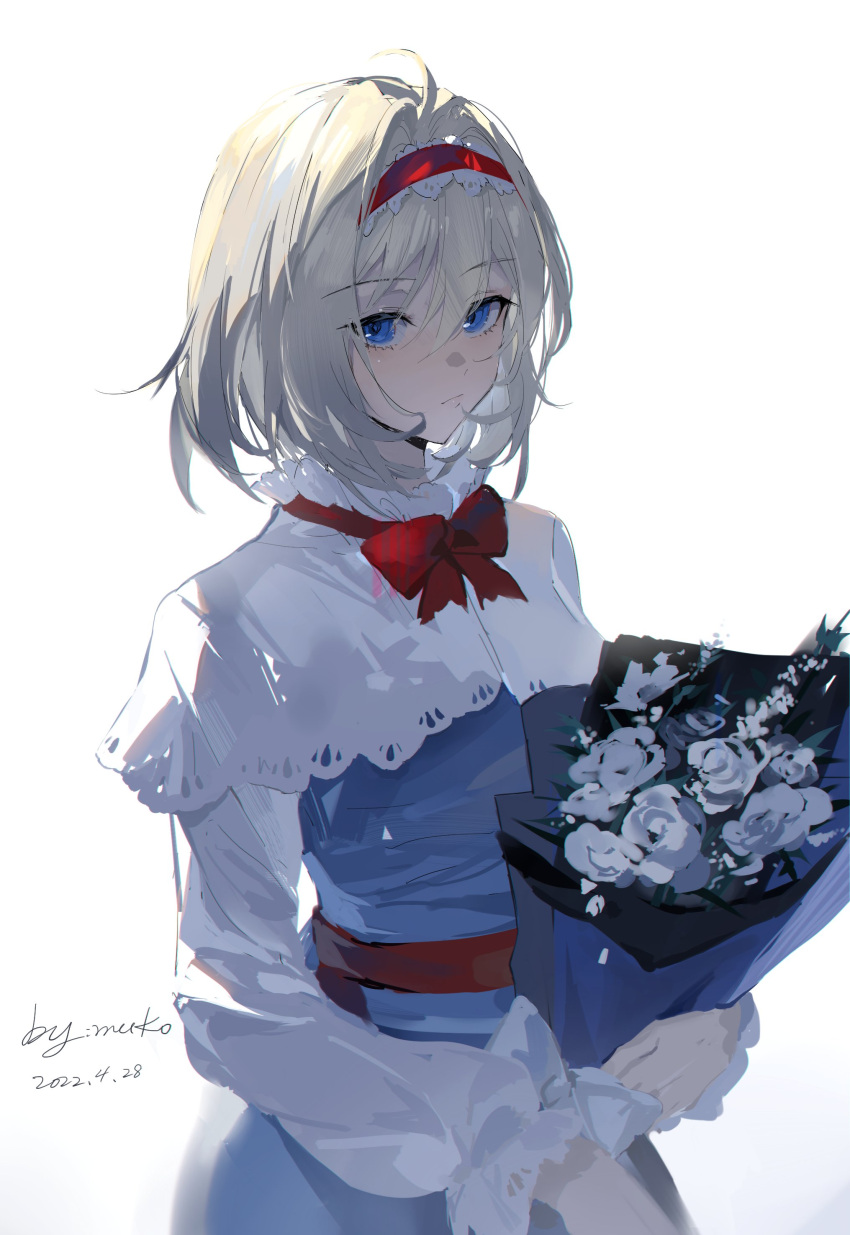 absurdres alice_margatroid bangs blonde_hair blue_dress blue_eyes bow dated dress eyebrows_visible_through_hair flower frilled_hairband frilled_sleeves frills hairband highres long_sleeves looking_at_viewer meng_ziya red_bow sash short_hair signature simple_background touhou white_background