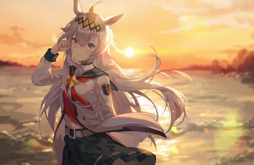 1girl absurdres ahoge animal_ears arm_at_side bangs belt blue_eyes blue_skirt blurry blurry_background closed_mouth clouds floating_armor grey_hair hair_between_eyes hand_in_own_hair highres horizon horse_ears hoshiko_(419401x) jacket long_hair long_sleeves looking_at_viewer midriff multicolored_hair navel neckerchief oguri_cap_(umamusume) outdoors red_neckerchief sailor_collar shirt skirt solo sun sunset turtleneck two-tone_hair umamusume water white_jacket white_shirt wind