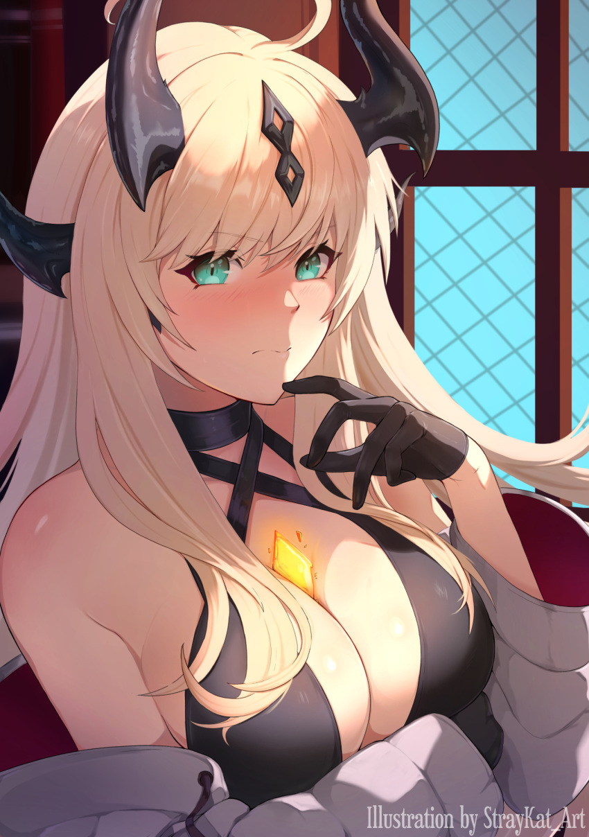 1girl arknights bangs bare_shoulders black_choker black_gloves blonde_hair blush breasts choker commentary criss-cross_halter english_commentary eyebrows_visible_through_hair gloves green_eyes grey_jacket halterneck hand_up highres horns indoors jacket large_breasts long_hair long_sleeves looking_at_viewer off_shoulder reed_(arknights) solo straykat upper_body v-shaped_eyebrows window