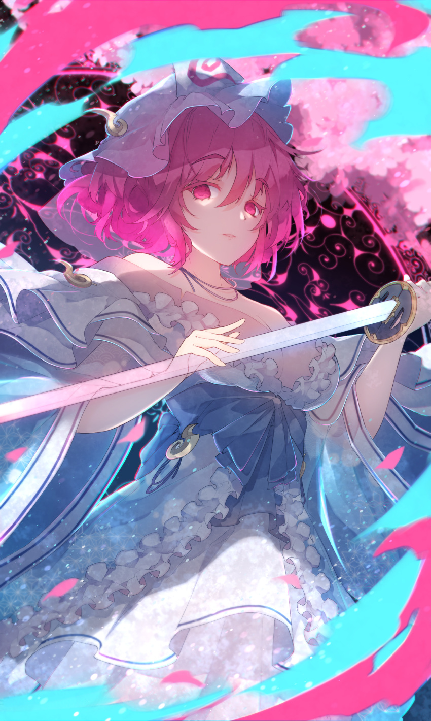 1girl absurdres aura bangs bare_shoulders belt black_background blue_belt blue_bow blue_dress blue_headwear blue_kimono bow breasts cherry_blossoms chiroru_(cheese-roll) closed_mouth dress eyebrows_visible_through_hair frilled_kimono frills hair_between_eyes hands_up hat highres japanese_clothes jewelry katana kimono large_breasts long_sleeves looking_at_viewer mob_cap necklace off-shoulder_dress off_shoulder pink_eyes pink_hair saigyouji_yuyuko sailor_dress short_hair solo standing sword teeth touhou tree triangular_headpiece weapon wide_sleeves