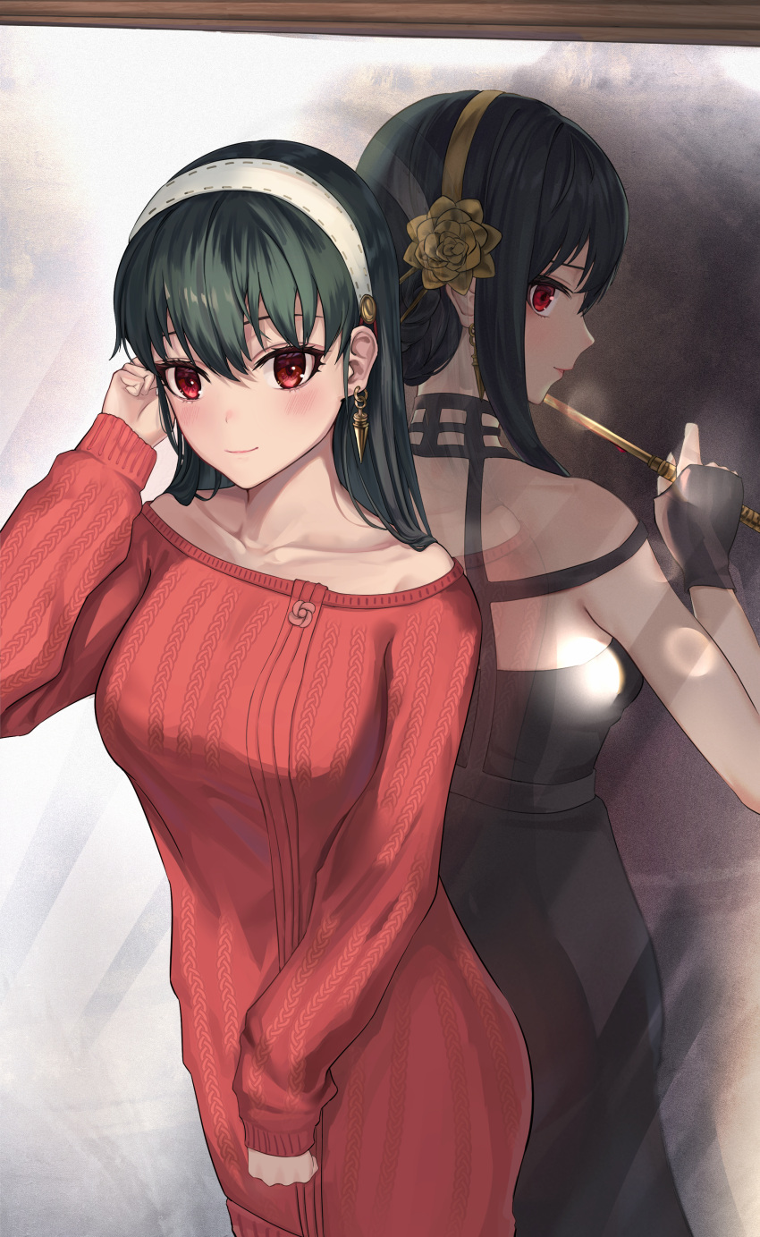 1girl absurdres back back-to-back bangs bare_shoulders black_dress black_gloves black_hair blood blood_on_weapon blush breasts closed_mouth collarbone dagger dress dual_persona earrings fingerless_gloves gloves gold_earrings gold_hairband hair_down hairband highres holding holding_dagger holding_weapon jewelry knife long_hair looking_at_viewer looking_back mirror off-shoulder_sweater off_shoulder red_eyes red_sweater reflection rose_hair_ornament short_hair_with_long_locks sidelocks spy_x_family straight_hair sweater tooku0 weapon white_hairband yor_briar