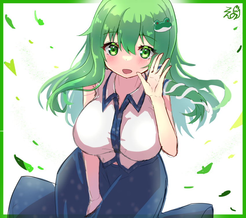 1girl bangs bare_shoulders blue_skirt blush border breasts collared_shirt eyebrows_visible_through_hair eyelashes frog_hair_ornament green_border green_eyes green_hair hair_between_eyes hair_ornament hair_tubes hand_up highres kochiya_sanae konnoinari large_breasts leaf looking_at_viewer one-hour_drawing_challenge open_mouth shirt signature skirt sleeveless sleeveless_shirt smile snake_hair_ornament solo sparkle touhou white_background white_shirt