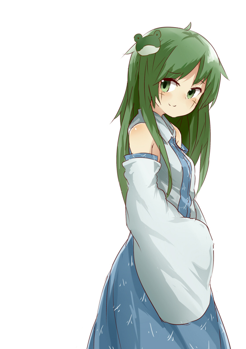 1girl bangs blue_skirt blush breasts closed_mouth collared_shirt commentary cookie_(touhou) cowboy_shot cross detached_sleeves eyebrows_visible_through_hair facepaint frog_hair_ornament green_eyes green_hair hair_ornament highres kochiya_sanae long_hair looking_at_viewer medium_breasts paseri_(cookie) shirt simple_background skirt sleeveless sleeveless_shirt smile solo touhou white_background white_shirt yumekamaborosh