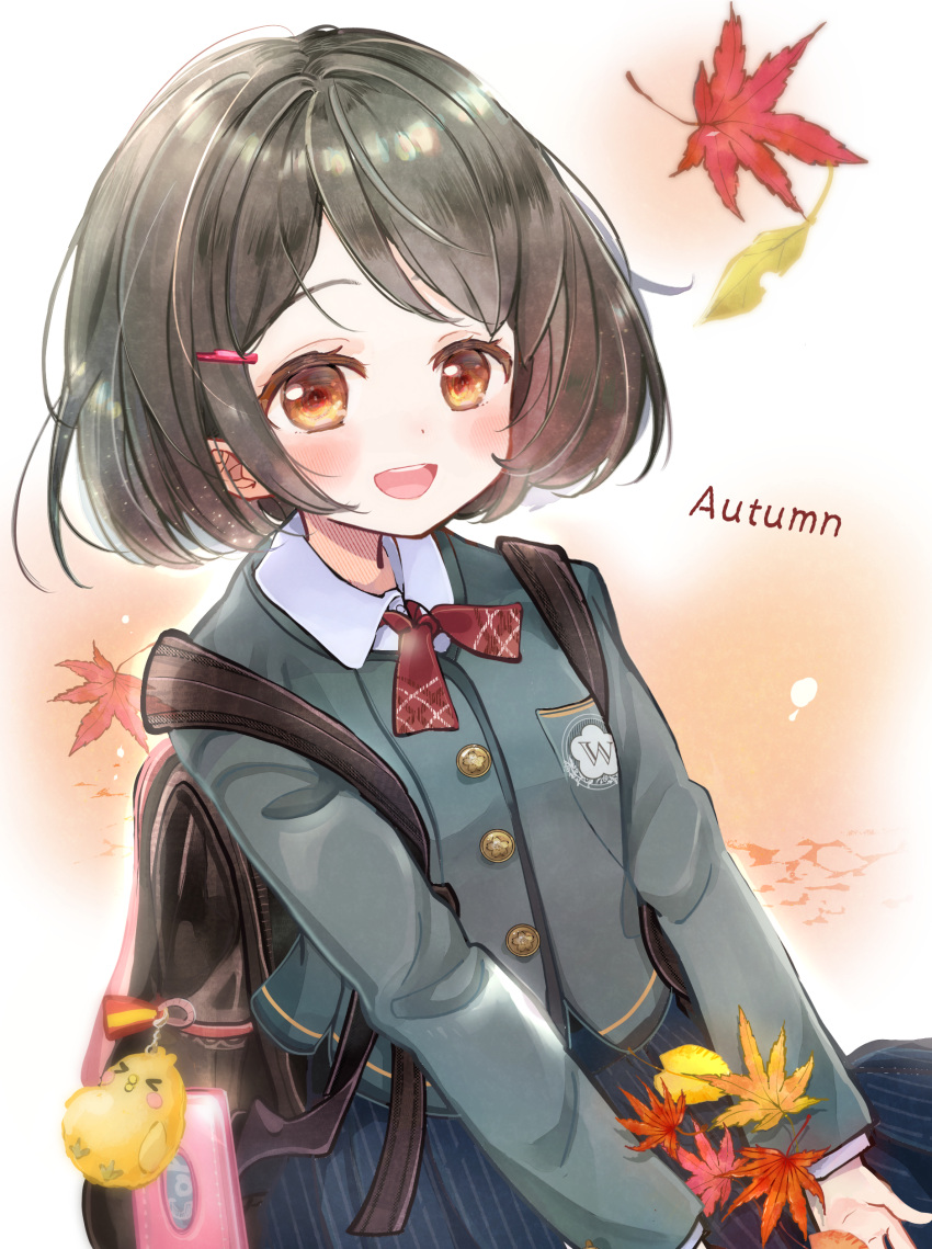 1girl :d absurdres autumn autumn_leaves backpack bag bag_charm bangs blush brown_eyes brown_hair buttons charm_(object) collared_shirt english_text hacosumi hair_ornament hairclip highres leaf long_skirt long_sleeves looking_at_viewer maple_leaf medium_hair neck_ribbon open_mouth original ribbon shirt skirt smile solo striped striped_skirt sweater v_arms
