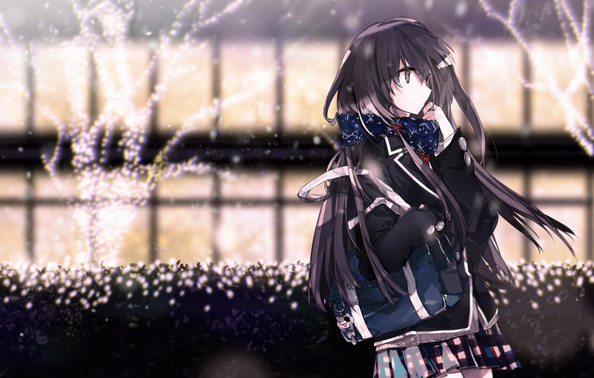 1girl bag bangs black_eyes black_hair black_jacket blazer blue_scarf bush buttons christmas_lights closed_mouth from_side hair_between_eyes highres jacket lillin long_hair long_sleeves night outdoors scarf school_bag skirt solo very_long_hair window yahari_ore_no_seishun_lovecome_wa_machigatteiru. yukinoshita_yukino