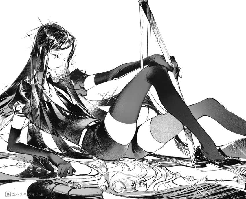 1other androgynous beads belt bort dated elbow_gloves feet_out_of_frame gem_uniform_(houseki_no_kuni) gloves greyscale hand_on_own_face hand_on_own_knee highres holding holding_sword holding_weapon houseki_no_kuni knees_up long_hair looking_away monochrome outstretched_arm profile puffy_short_sleeves puffy_sleeves reclining ribbon shoes short_sleeves shorts simple_background skindentation solo sparkle string suzumi_(ccroquette) sword thigh-highs very_long_hair weapon