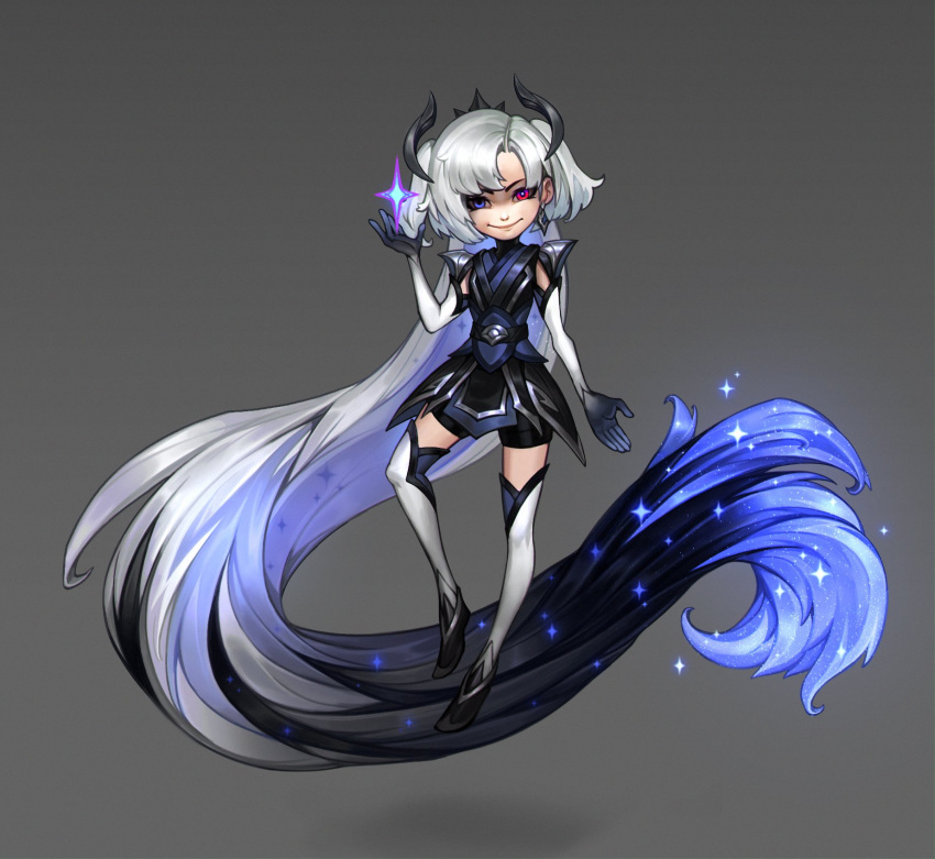 1girl absurdly_long_hair bangs black_dress black_hair black_shorts blue_hair closed_mouth detached_sleeves dress edg_zoe english_commentary gradient gradient_background grey_background grey_hair grey_legwear hair_ornament hand_up heterochromia highres league_of_legends long_hair multicolored_hair pink_eyes shorts simple_background smile solo thigh-highs very_long_hair vladbacescu zoe_(league_of_legends)