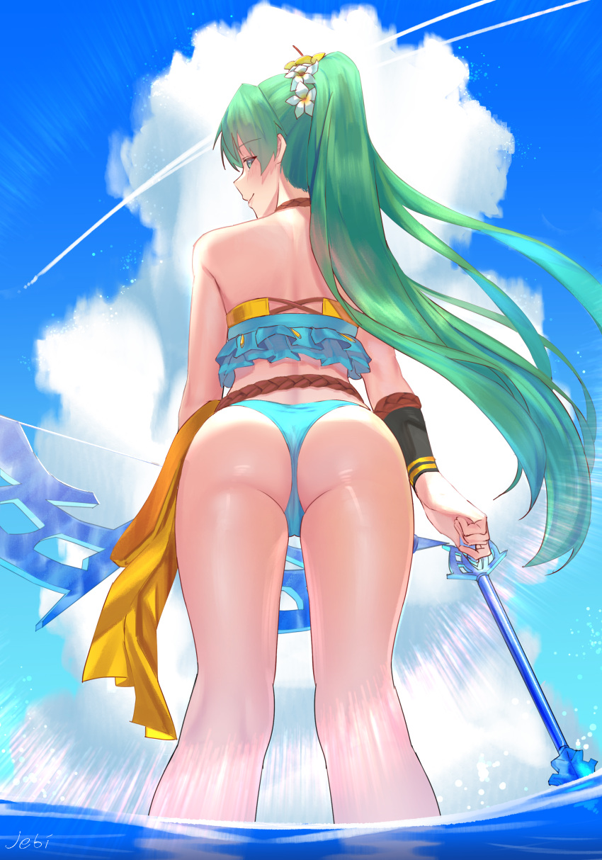 1girl absurdres arrow_(projectile) artist_name ass back bikini blue_bikini blue_sky bow_(weapon) closed_mouth clouds commentary day fire_emblem fire_emblem:_the_blazing_blade floating_hair flower frilled_bikini frills from_behind green_eyes green_hair hair_flower hair_ornament highres holding holding_arrow holding_bow_(weapon) holding_weapon jebi long_hair looking_at_viewer looking_back lyn_(fire_emblem) outdoors ponytail rope_belt sky smile solo sunlight swimsuit water weapon