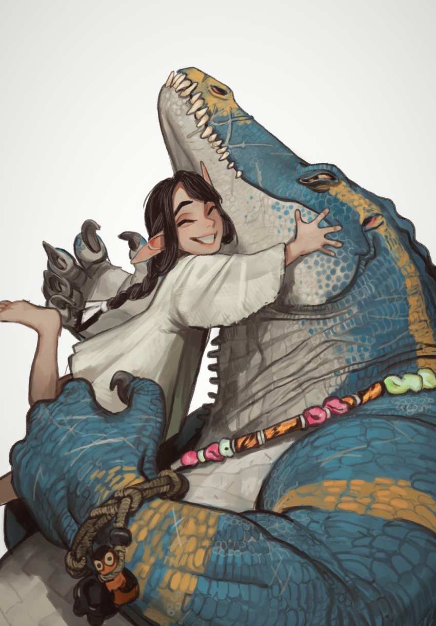 1girl 1other black_hair braid child claws closed_eyes dress elf from_side furry highres hug jewelry lizardman_(warhammer_fantasy) long_hair long_sleeves monster mossacannibalis necklace pointy_ears simple_background smile warhammer_fantasy white_background white_dress wristband