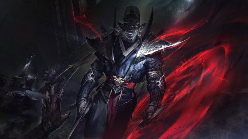 3boys absurdres armor breath clothing_request corpse demon_boy draven glowing glowing_eyes grin hat highres holding impaled league_of_legends long_sleeves multiple_boys pointy_ears pov red_eyes shoulder_armor smile solo_focus teeth weapon whirligig wutu_(1183238220)