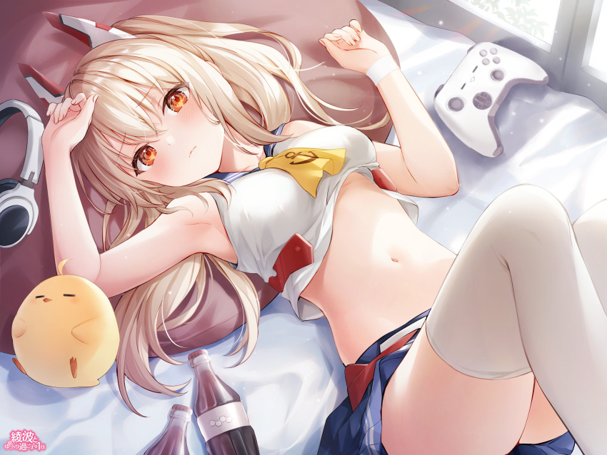 1girl arm_up armpits ayanami_(azur_lane) azur_lane bare_arms bare_shoulders bed bird blonde_hair blue_skirt bottle breasts chick closed_mouth cola controller crop_top frown game_controller hand_up highres knees_up long_hair looking_at_viewer lying manjuu_(azur_lane) mechanical_ears midriff miniskirt navel neckerchief on_back on_bed orange_eyes pillow ponytail sailor_collar school_uniform serafuku shirt skirt sleeveless sleeveless_shirt small_breasts solo stomach thigh-highs thighs white_legwear white_shirt yumesaki