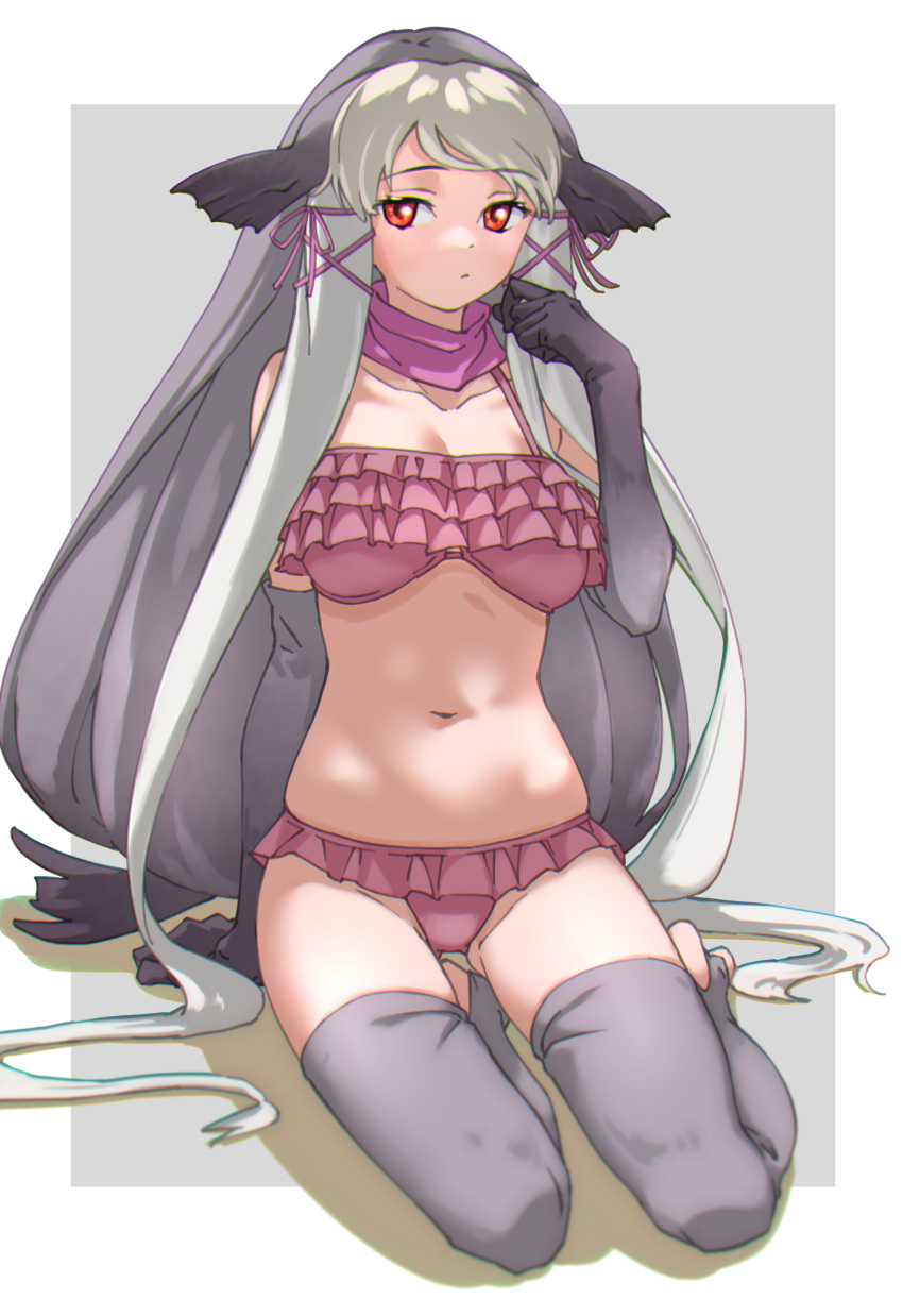 1girl absurdres animal_ears bare_shoulders bikini breasts collarbone commentary elbow_gloves eyebrows_visible_through_hair frilled_bikini frills full_body gloves grey_gloves grey_hair grey_legwear hair_ribbon highres kemono_friends large_breasts long_hair looking_at_viewer navel pink_bikini pink_ribbon red_eyes ribbon simple_background sitting solo stirrup_legwear stomach swimsuit tanabe_(fueisei) thigh-highs toeless_legwear very_long_hair walrus_(kemono_friends) white_hair