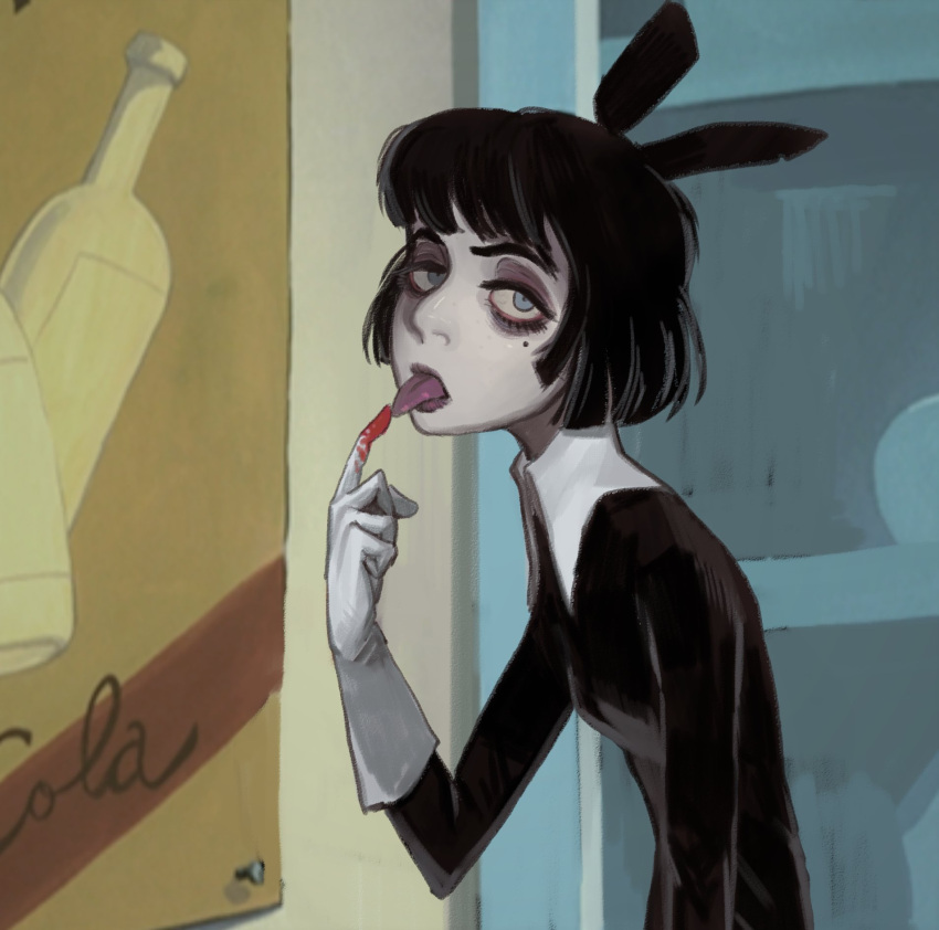 bags_under_eyes black_dress blue_eyes bob_cut colored_skin creepy_susie derivative_work dress from_side gloves hair_horns highres licking licking_finger looking_at_viewer looking_to_the_side mole mole_under_eye mossacannibalis sanpaku screencap_redraw short_hair the_oblongs tongue tongue_out white_gloves white_skin