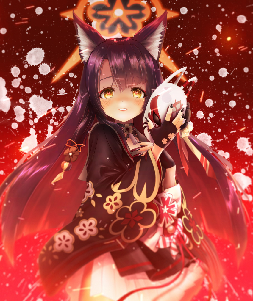 1girl :d absurdres animal_ear_fluff animal_ears bangs black_hair blue_archive blunt_bangs brown_eyes commentary_request detached_collar eyebrows_visible_through_hair fox_ears fox_girl fox_mask halo heart heart-shaped_pupils highres holding holding_mask long_hair long_sleeves looking_at_viewer mask parted_bangs pleated_skirt school_uniform serafuku sidelocks skirt smile solo symbol-shaped_pupils tomonx wakamo_(blue_archive) wide_sleeves