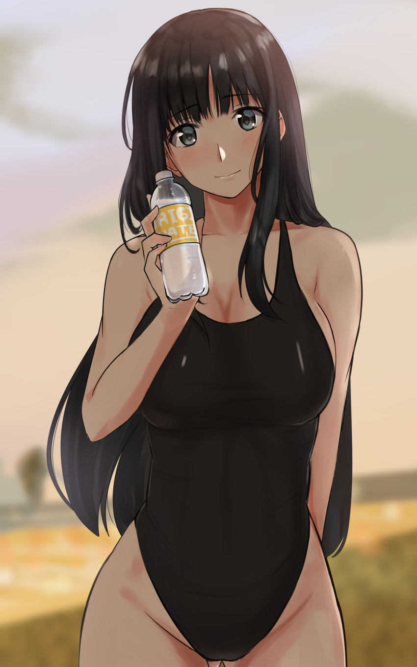 1girl absurdres amagami ayatsuji_yukari black_eyes black_hair black_swimsuit blurry blurry_background bottle breasts commentary_request contrapposto cowboy_shot highleg highleg_swimsuit highres large_breasts long_hair looking_at_viewer smile solo standing swimsuit ykh1028