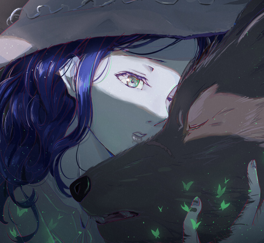 1boy 1girl absurdres blaidd_the_half-wolf blue_eyes blue_hair blue_skin cho_ryuu colored_skin commentary_request elden_ring fingernails furry furry_male hat highres lips one_eye_closed ranni_the_witch upper_body white_headwear witch_hat