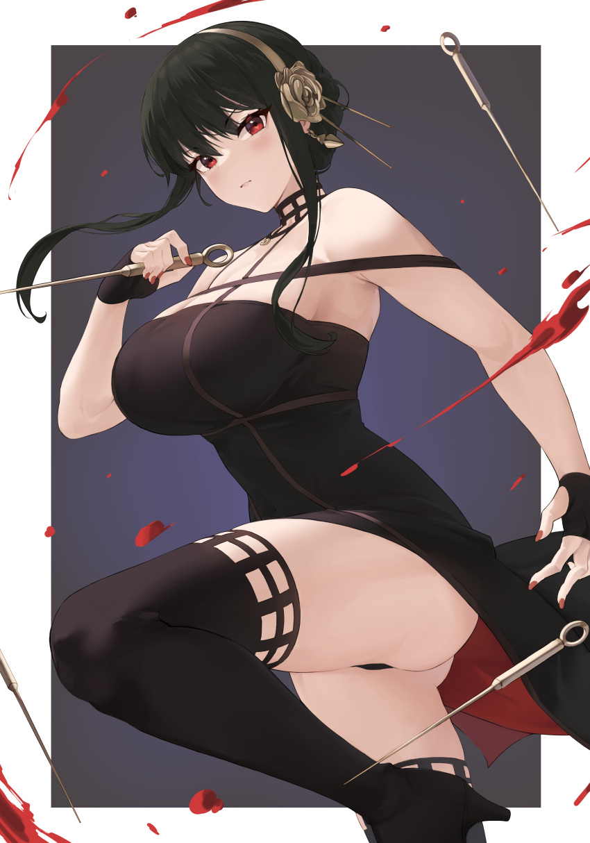 1girl absurdres bare_shoulders black_dress black_gloves black_hair blood boots border breasts closed_mouth cynd dagger dress earrings fingerless_gloves floating_hair from_side gloves gold_earrings gold_hairband highres holding holding_dagger holding_weapon jewelry knee_up knife large_breasts panties pantyshot red_eyes red_nails reverse_grip rose_hair_ornament sidelocks skindentation solo spikes spy_x_family thigh-highs thigh_boots thighs two-sided_dress underwear weapon white_border yor_briar