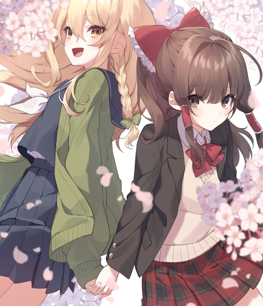 2girls alternate_costume bangs black_jacket blonde_hair blouse blurry blush bow bowtie braid branch breasts brown_eyes brown_hair buttons cherry_blossoms closed_mouth collared_jacket collared_shirt commentary_request eyebrows_visible_through_hair eyelashes eyes_visible_through_hair flower frills from_side green_bow green_jacket grey_shirt grey_skirt grey_vest hair_between_eyes hair_bow hair_ornament hair_tubes hakurei_reimu highres jacket kirisame_marisa long_sleeves looking_at_viewer looking_away medium_breasts mochizuki_mochi multiple_girls no_hat no_headwear open_clothes open_jacket open_mouth petals pink_flower plaid plaid_skirt pocket puffy_long_sleeves puffy_sleeves red_bow red_bowtie red_skirt ribbon sailor_collar school_uniform shirt short_hair simple_background single_braid skirt smile standing tongue touhou tree vest white_background white_ribbon yellow_eyes yellow_shirt