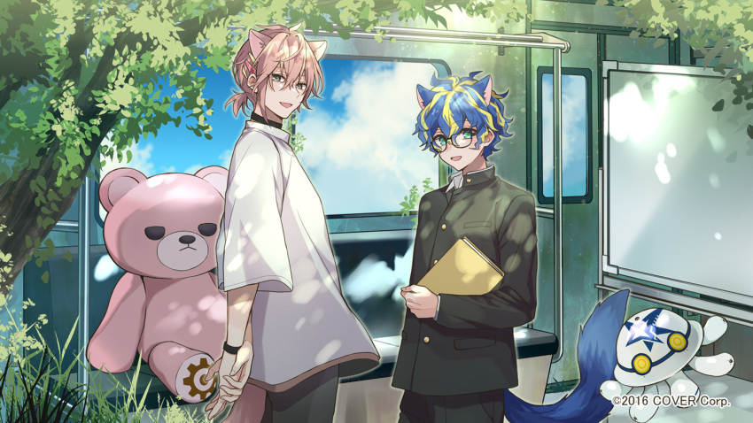 2boys :d alternate_costume animal_ears aqua_eyes arms_behind_back astel_leda bespectacled black_choker black_pants blonde_hair blue_hair blue_tail book bracelet cat_boy cat_ears cat_tail choker clouds copyright cowboy_shot creature dappled_sunlight extra_ears from_side gakuran gear_print glasses grass green_eyes hair_between_eyes holding holding_book holostars jewelry logo looking_at_viewer loose_clothes loose_shirt low_ponytail multicolored_hair multiple_boys official_art pants pink_hair pink_tail poruneu rikka_(holostars) school_uniform shirt short_hair short_ponytail smile spanner_(holostars) standing streaked_hair stuffed_animal stuffed_toy sunlight tail teddy_bear teito train_interior tree wavy_hair white_shirt whiteboard