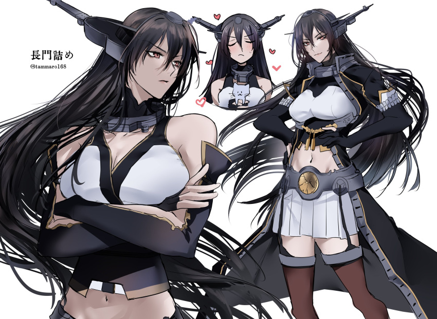 1girl animal bangs black_gloves black_hair breasts cat closed_eyes closed_mouth commentary_request crossed_arms elbow_gloves eyebrows_visible_through_hair garter_straps gloves hands_on_hips headgear heart highres holding holding_animal holding_cat kantai_collection long_hair multiple_views nagato_(kancolle) nagato_kai_ni_(kancolle) partially_fingerless_gloves red_eyes red_legwear simple_background sweat thigh-highs twitter_username white_background yano_tanimachi
