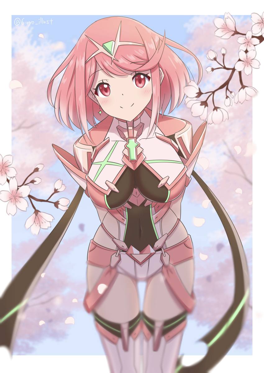1girl absurdres alternate_hair_color arms_behind_back bangs border branch breasts cherry_blossoms closed_mouth commentary_request earrings highres jewelry large_breasts pink_hair pink_legwear pink_shorts pyra_(xenoblade) ryochan96154 shorts smile solo swept_bangs thigh-highs tiara xenoblade_chronicles_(series) xenoblade_chronicles_2 zettai_ryouiki