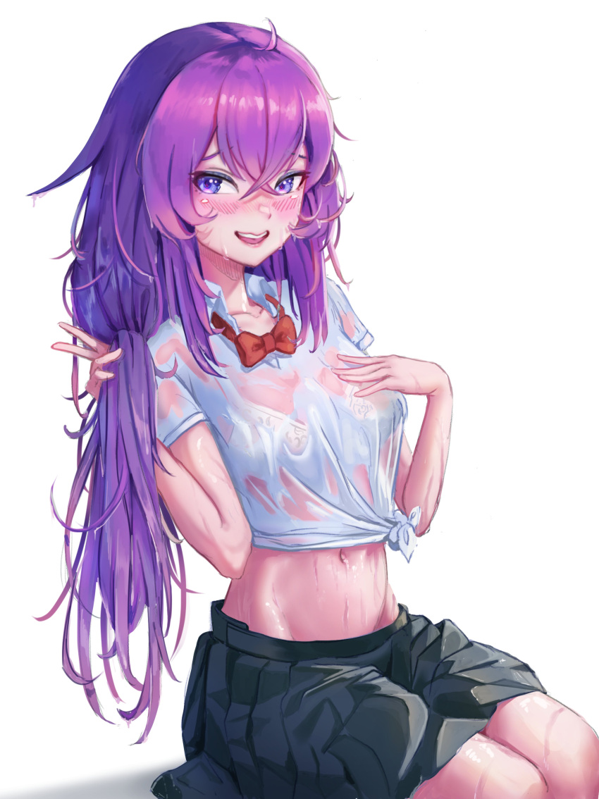 1girl absurdres ahoge alchemilla_menace bangs black_skirt blush bow bowtie bra collared_shirt cyberlive english_commentary hair_between_eyes hands_up highres lingerie long_hair looking_at_viewer loose_bowtie lunarisbloom messy_hair midriff navel pleated_skirt polo_shirt purple_hair red_bow red_bowtie see-through see-through_shirt shirt short_sleeves simple_background sitting skirt solo thighs tied_shirt traditional_bowtie underwear violet_eyes wavy_hair wet wet_clothes wet_hair wet_shirt white_background white_bra white_shirt