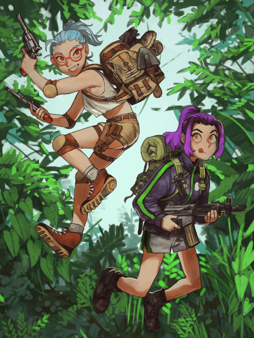 2girls :q ankle_boots backpack bag belt black_footwear boots brown_belt brown_footwear brown_shorts copyright_request crop_top dual_wielding elbow_pads forest glasses grin gun handgun highres holding holding_gun holding_weapon jacket looking_at_viewer mossacannibalis multiple_girls nature pistol ponytail purple_hair red_eyes revolver round_eyewear shirt shoes short_shorts shorts smile socks tongue tongue_out weapon white_legwear white_shirt