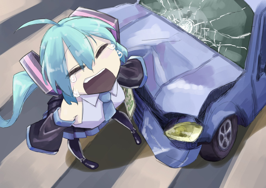 1girl 39 accident ahoge aqua_hair aqua_necktie bare_shoulders black_legwear black_skirt black_sleeves car car_crash chilei_ohtzu closed_eyes commentary cracked_glass crash crosswalk crying detached_sleeves facing_up foreshortening from_above grey_shirt ground_vehicle hair_ornament hatsune_miku highres license_plate long_hair miniskirt motor_vehicle necktie open_mouth pigeon-toed pleated_skirt shirt skirt sleeveless sleeveless_shirt solo standing twintails very_long_hair vocaloid