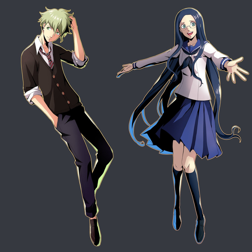 1boy 1girl amami_rantarou bangs black_footwear black_pants blue_hair blue_sailor_collar blue_skirt brown_jacket cheer_(cheerkitty14) collarbone danganronpa_(series) danganronpa_v3:_killing_harmony glasses green_hair grey_background highres jacket kneehighs long_hair necktie official_alternate_costume outstretched_arms pants parody pleated_skirt red_necktie sailor_collar shiny shiny_hair shirogane_tsumugi short_hair simple_background skirt smile striped_necktie style_parody teeth upper_teeth white_necktie