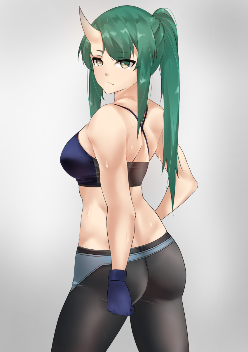 1girl absurdres arknights ass bangs bare_arms bare_shoulders black_pants blue_gloves breasts casperrin commentary cowboy_shot crop_top eyebrows_visible_through_hair gloves green_hair grey_background grey_eyes highres horns hoshiguma_(arknights) large_breasts leggings long_hair looking_at_viewer looking_back midriff pants ponytail single_horn solo sports_bra standing