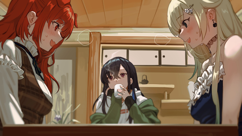 ... 2gou 3girls absurdres aizawa_ema animal_ears bangs black_hair blonde_hair blue_dress blurry blush brown_dress commentary_request cup depth_of_field dress earrings fang green_jacket hair_ornament highres holding holding_cup hood hood_down hoodie ichinose_uruha indoors jacket jewelry long_hair long_sleeves looking_at_another lupinus_virtual_games multiple_girls neck_ribbon nijisanji off_shoulder open_mouth pinafore_dress plant potted_plant ratna_petit red_eyes redhead ribbon shirt sidelocks skin_fang sleeveless sleeveless_dress spoken_ellipsis steam sweat upper_body vspo! white_hoodie white_shirt yunomi