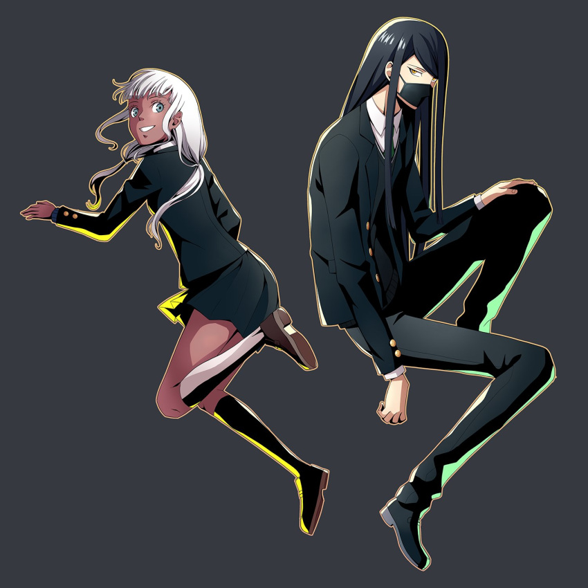 1boy 1girl bangs black_jacket black_mask black_pants black_skirt black_vest brown_eyes cheer_(cheerkitty14) collared_shirt danganronpa_(series) danganronpa_v3:_killing_harmony from_side full_body grey_background grey_hair grey_shirt grin highres jacket knee_up kneehighs long_hair long_sleeves low_twintails mask mouth_mask official_alternate_costume pants parody pleated_skirt shinguuji_korekiyo shiny shiny_hair shirt simple_background skirt smile style_parody teeth twintails vest yonaga_angie