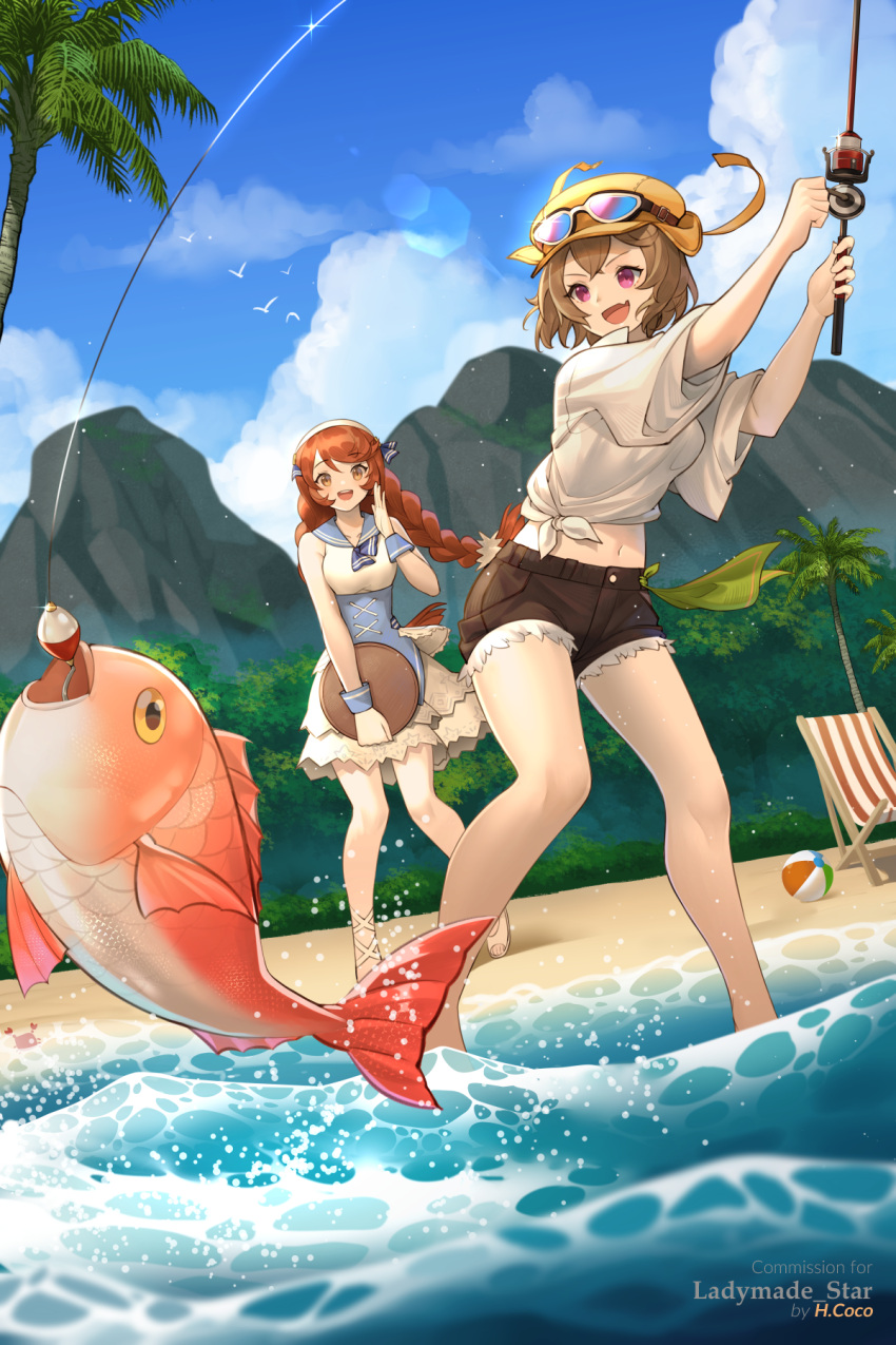 2girls :d animal arm_up ball bangs beach_chair beachball bird black_shorts blue_sailor_collar blue_sky braid breasts brown_eyes brown_hair cabbie_hat character_request clouds commentary commission day dragalia_lost dress english_commentary fang fish fishing fishing_hook fishing_line fishing_rod goggles goggles_on_headwear hand_up hat hentaki highres holding holding_fishing_rod long_hair low_twintails medium_breasts midriff mountain multiple_girls navel outdoors palm_tree sailor_collar sailor_dress sandals shirt short_shorts short_sleeves shorts sky sleeveless sleeveless_dress smile standing tied_shirt tree twin_braids twintails very_long_hair violet_eyes white_dress white_footwear white_shirt yellow_headwear