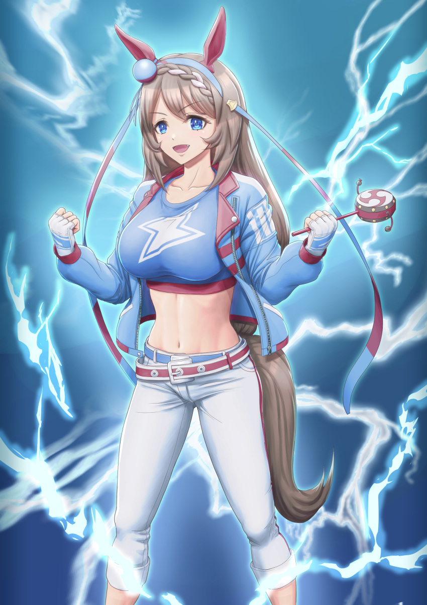 1girl :d absurdres animal_ears bangs belt blue_background blue_belt blue_eyes blue_hairband blue_jacket blue_shirt braid breasts brown_hair capri_pants clenched_hands collarbone commentary cosplay crop_top ear_covers ear_ornament eyebrows_visible_through_hair fang fingerless_gloves gloves groin hair_between_eyes hairband highres holding horse_ears horse_girl horse_tail jacket large_breasts lightning_background lightning_bolt_print long_hair long_sleeves looking_at_viewer midriff multicolored_hair navel open_clothes open_jacket open_mouth pants rattle_drum red_belt shibakarisena shirt sidelocks smile solo standing super_creek_(umamusume) tail tamamo_cross_(umamusume) tamamo_cross_(umamusume)_(cosplay) two-tone_hair umamusume very_long_hair w_arms white_gloves white_hair white_pants zipper zipper_pull_tab